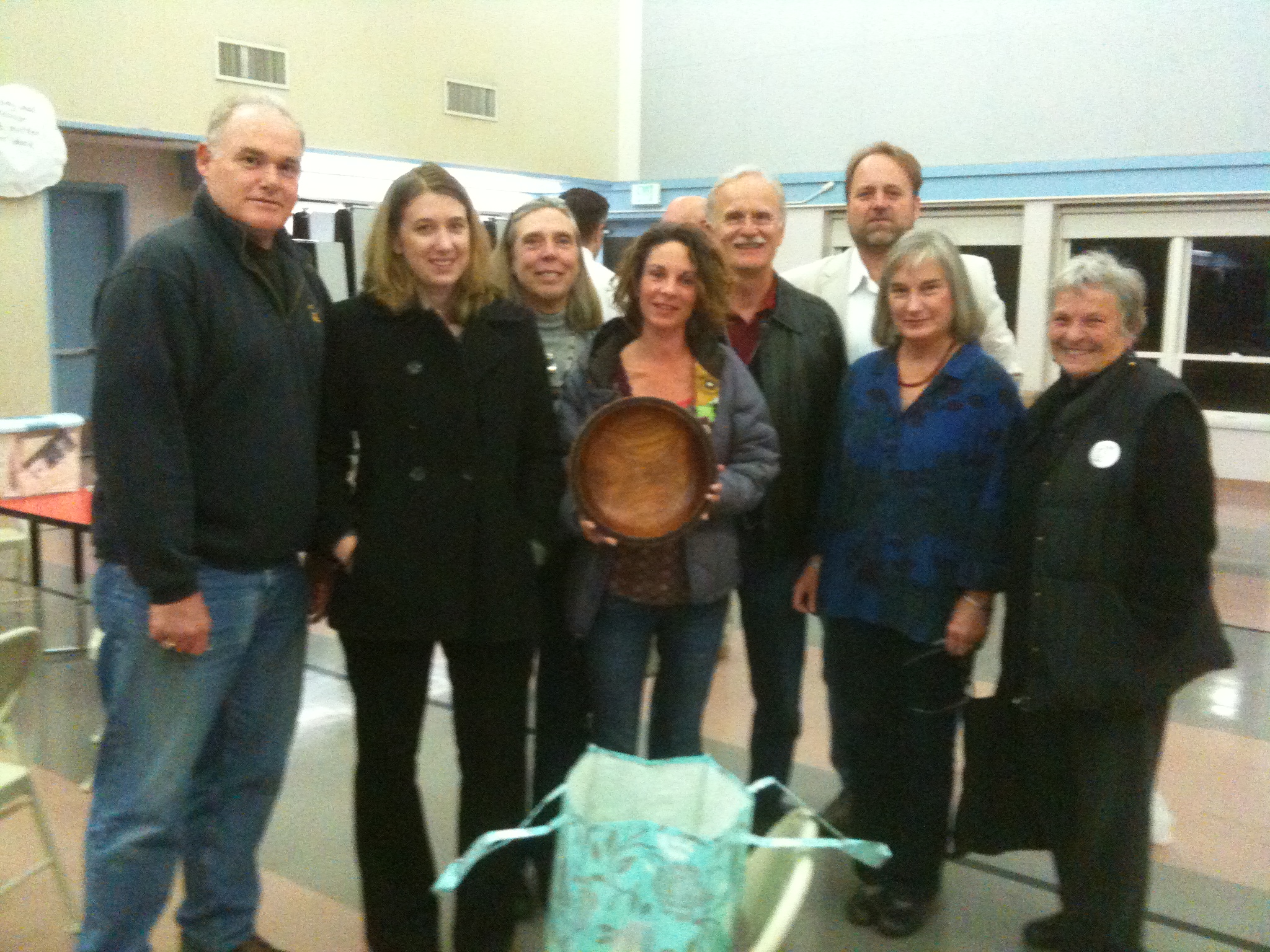Elaine Estrada (center with bowl made by Brad Adams) graduates from her year of service as the Benicia Tree Foundation founding Board President. She is pictured here with (left to right) Steven Goetz, Jessica Walsh-Krenicki, Alison Fleck, Elaine Estrada, Larry Lamoreux, Wolfram Alderson, Marilyn Bardet, and Bonnie Weidel.