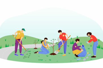 Community work day flat vector illustration. Volunteers, activists isolated cartoon characters on white background. Young people cleaning garbage and planting trees. Environment protection concept