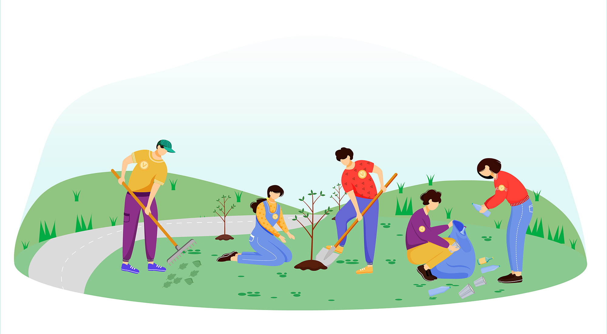 Community work day flat vector illustration. Volunteers, activists isolated cartoon characters on white background. Young people cleaning garbage and planting trees. Environment protection concept